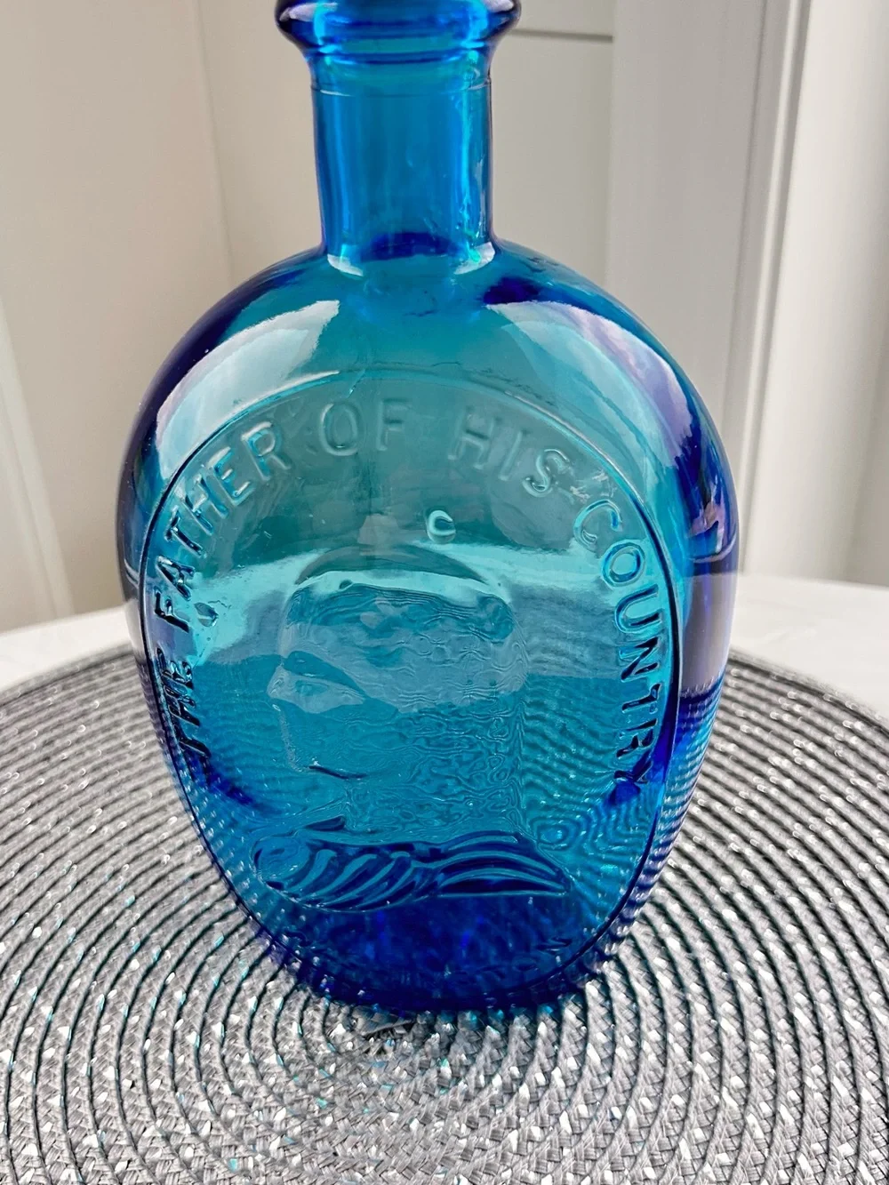 USA Vintage Wheaton Blue Glass George Washington USA Bottle Decanter 8 in